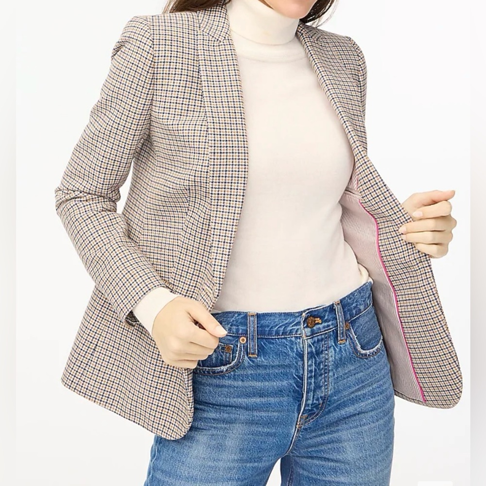 J. Crew Factory Houndstooth Blazer in Tan, Blue & Pink Trim